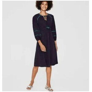 Boden Heidi Navy Jersey Embroidered 3/4 Sleeve Dress sz US 6